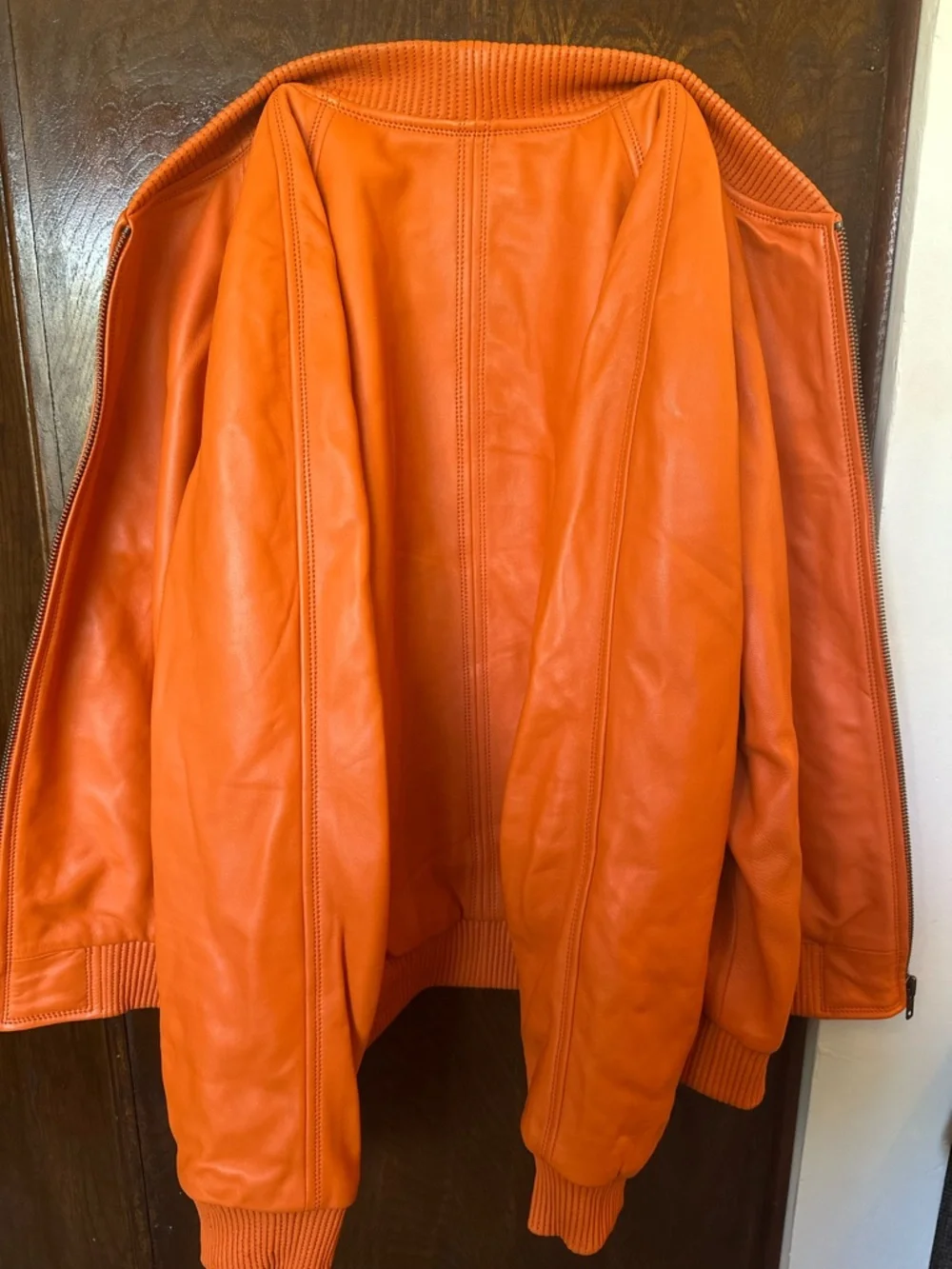 Jake Wood Men's Orange Lambskin Leather Zip-Up Bomber Varsity Jacket Size 2X - Picture 11 of 14